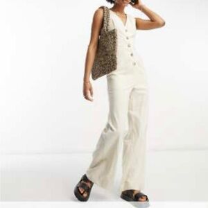 ASOS Cream Sleeveless Button-Front Wide-Leg Jumpsuit